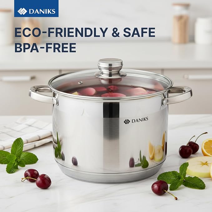Daniks Standard 11-Piece Stainless Steel Cookware Set with Glass Lids, Includes Saucepan with Lid and Frying Pan, Tri-Ply Bases for Even Heating, Induction Compatible, Dishwasher Safe, Silver
