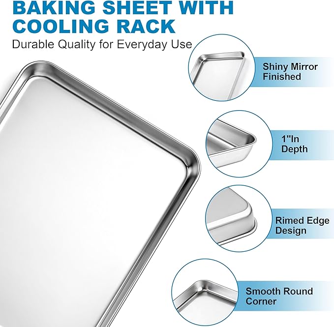 Herogo Stainless Steel Half Sheet Baking Pan with Rack Set(2 Pans + 2 Racks), 18" x 13" x 1" Large Baking Tray with Cooling Rack Set for Oven Roasting, Rust & Warp Resistant & Nonstick