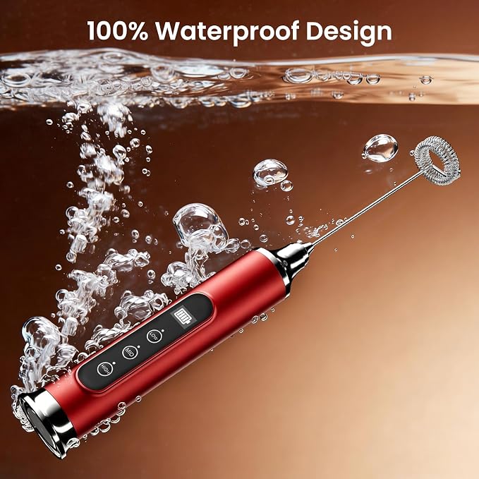 YUSWKO Milk Frother Wand for Coffee, Coffee Frother Handheld Drink Mixer | Rechargeable Mixer Wand, Waterproof Electric Whisk for Protein Powder, Lattes, Cappuccino, 3 Variable Speeds 3 Whisks, Red