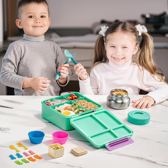 JSLOVE Bento Lunch Box with Leak Proof Thermos Food Jar for Kids, Food Lunch Containers for Girls with 4 Compartments, BPA-Free with Utensils, Food Picks, Sauce Jar & Silicone Lunch Box Dividers