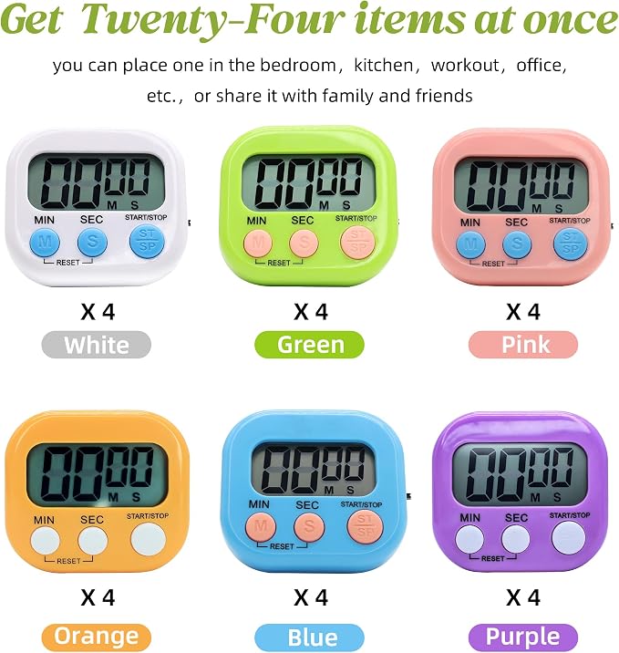 24 Pack Multi-Function Electronic Timer - Kitchen Timer,Magnetic Digital Timers,Big LCD Display, ON/Off Switch,Extensively Use in Cooking,Gym, Meeting, Classroom,Kitchen,Study,Work,Outdoor Activities