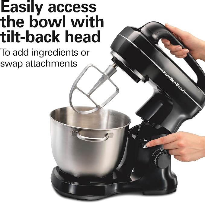 Hamilton Beach 4 Qt Electric Stand Mixer With 7 Speeds, Easy-Carry Handle | Planetary Mixing For Full Bowl Coverage | Splash Guard | 300 Watts | Whisk, Flat Beater, Dough Hook | Mixing Guide | Black