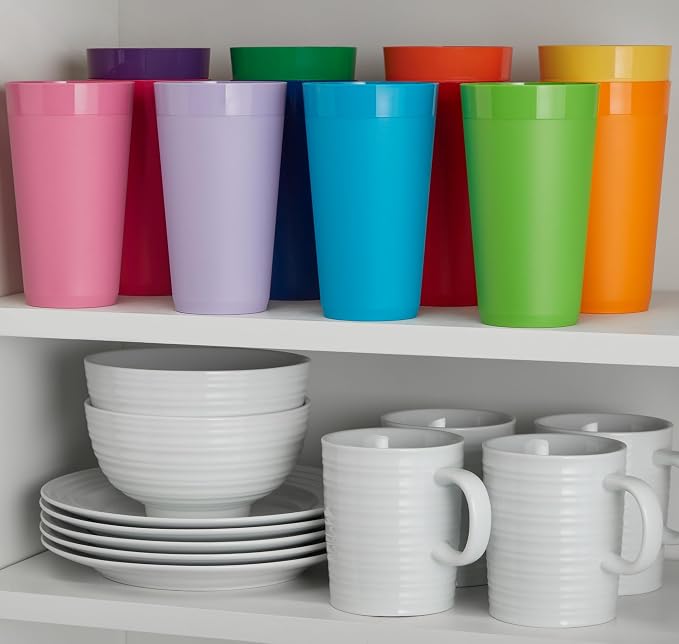 US Acrylic Newport 12-Pack Unbreakable Plastic Cups (20 ounces) 12 Assorted Bright Colors, BPA Free drinking glasses, Dishwasher Safe tumblers for Parties, Camping, & Everyday Use