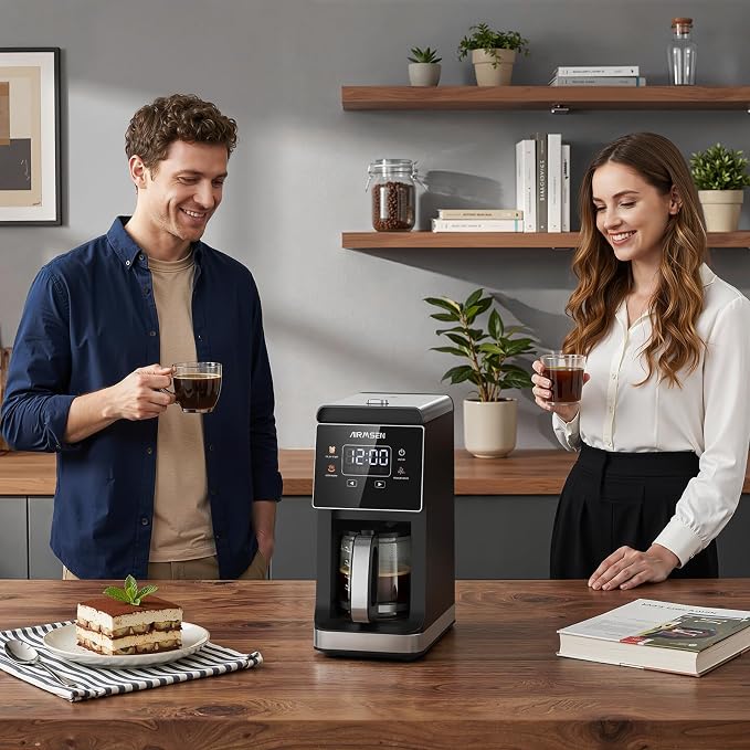 AIRMSEN Grind & Brew Coffee Maker with Built-In Grinder 5-Cup | Drip Coffee Machine with 24H Programmable Timer, 3 Grind Settings, Fresh Ground Coffee Maker for Home & Office