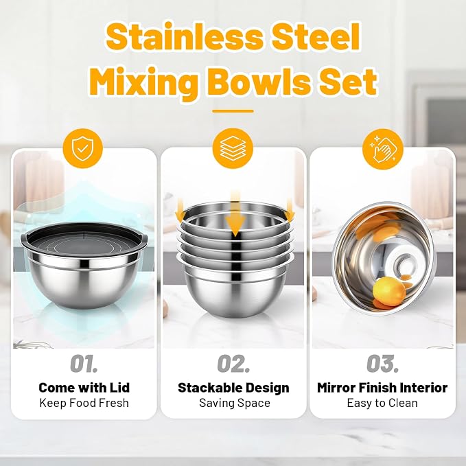 Beasea Stainless Mixing Bowls with Lids, 5 Pack 2 QT Stackable Stainless Steel Mixing Bowls with Black Lids for Salad, Serving, Food Storing, Baking Bowl Set for Cream Cake Prepping