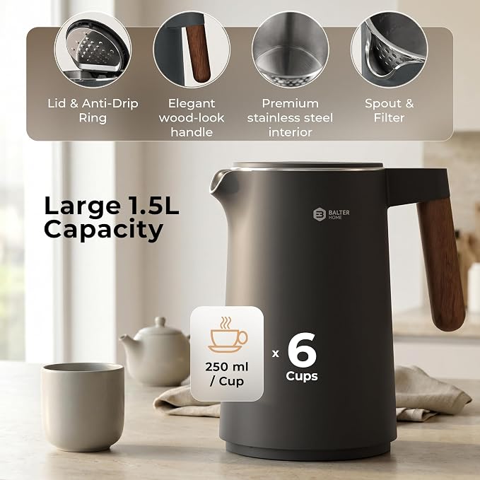 BALTER Electric Kettle with Temperature control, 113 °F – 212 °F, Tea pot, Stainless steel, double wall water kettle, BPA-free, quiet tea kettle, 1.5 L, 2200 W, Titanium Gray