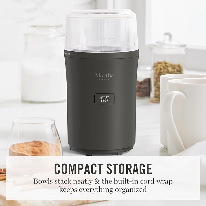Martha Stewart Electric Coffee & Spice Grinder with Dual Bowls, Caviar Gray | Dual 2.5oz Removable Bowls for Coffee Beans, Nuts, Herbs & Spices, Stainless Steel Blade, One-Touch Pulse Control, Easy Clean