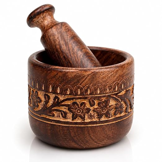 Handmade Wooden Mortar & Pestle Set, Herb Spice Garlic Masala Grinder Bowl | Rustic manual kharal crusher for ginger, peppercorns, seasonings, pesto, guacamole, pill crusher, easy to clean, kitchen prep