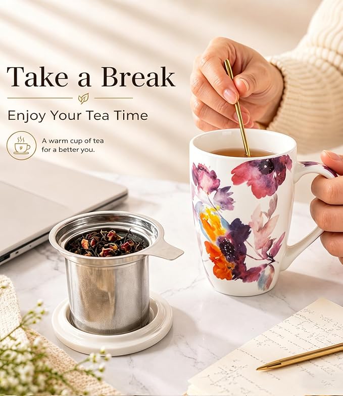 AmorArc Tea Cup With Infuser and Lid, 18oz Loose Leaf Tea Mug With Steeper | Porcelain Tea Mug With Infuser and Lid, Strainer Tea Cup for Tea Lovers, Home & Office, Housewarming Birthday Gift