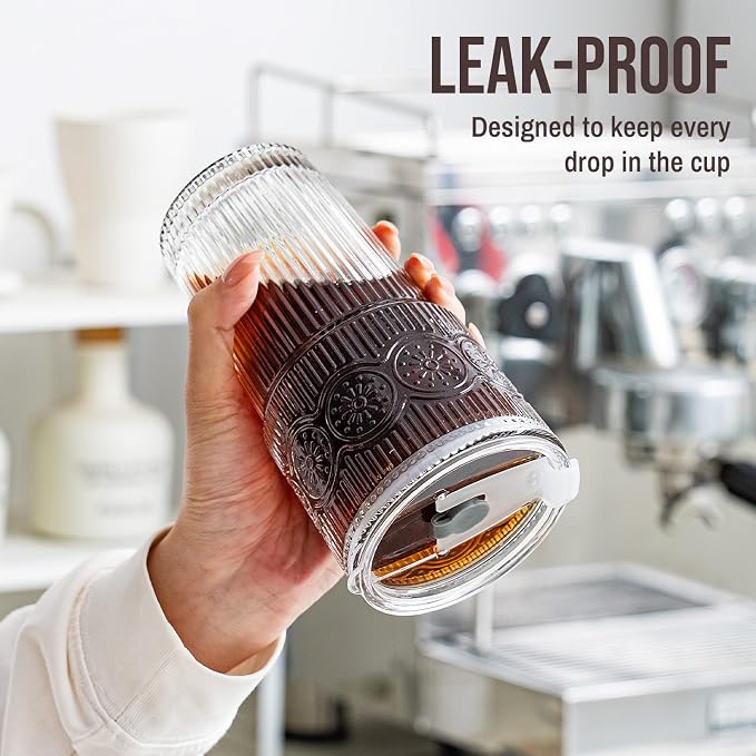 SoulTimes 20oz Ribbed & Floral Glass Tumbler with Lid and Straw – Iced Coffee Glasses Cups for Smoothie, Matcha, Juice, Water etc. Leakproof and Reusable Glassware Drinking for Travel To Go [6Pcs]