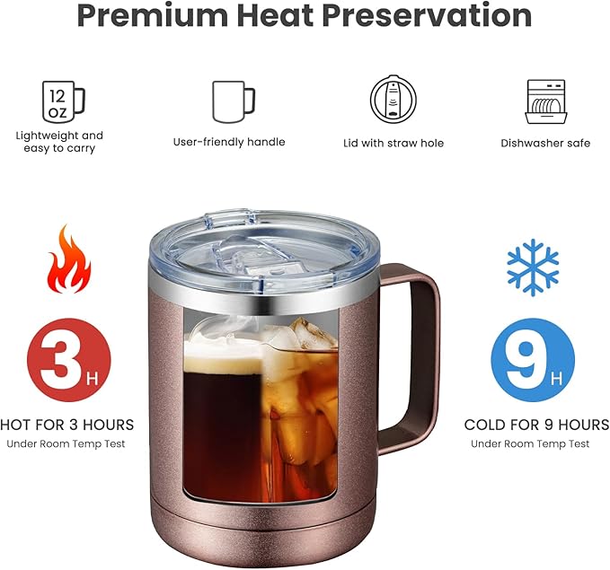 MEWAY 12oz Coffee Mug With Handle and Sliding Lid,Stainless Steel Travel Tumbler Cup with Handle,Double Wall Vacuum Insulated Camping Cup for Hot & Cold Drinks Tea (Rose Gold,Set of 1