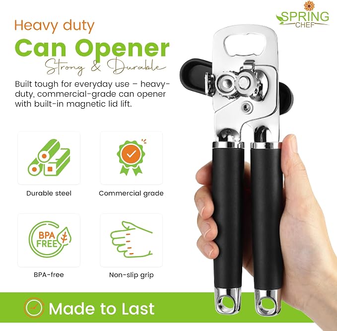 Spring Chef Stainless Steel Manual Can Opener with Soft Grip Handles, Black | Heavy Duty Hand Can Opener for Seniors with Smooth Edge, Easy Turn, 3in1 Can Opener with Magnetic Lid Remover & Bottle Opener