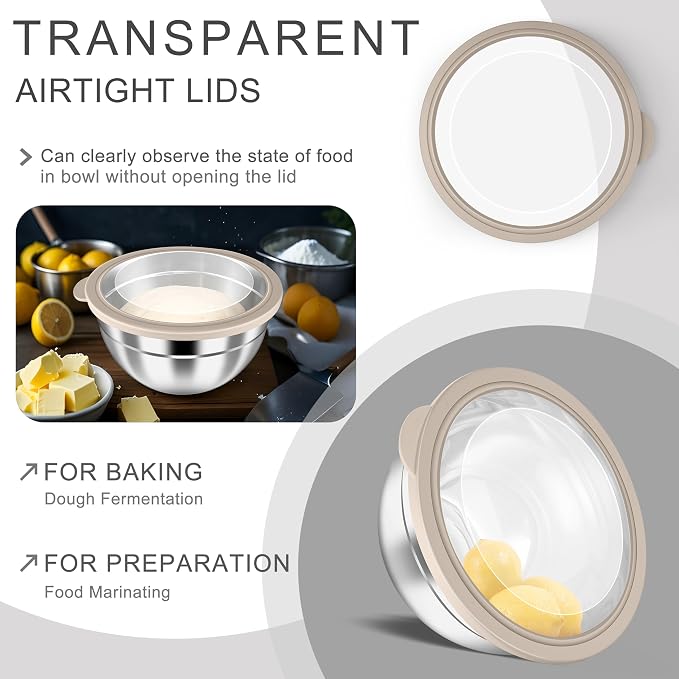 HaWare Mixing Bowls with Clear Airtight Lids, Stainless Steel Nesting Bowls | 6-Piece Metal Salad Bowl for Cooking, Prepping, Baking, Serving & Food Storage, Size 4.6, 3, 1.5QT, Khaki