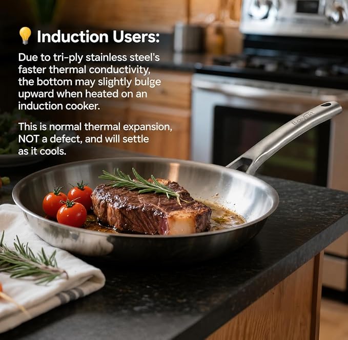 12 Inch Tri-Ply Stainless Steel Frying Pan, Set of 2 | Induction Compatible Sauté Pan with Even Heat for Searing | Oven & Dishwasher Safe | Professional Restaurant Grade Cookware