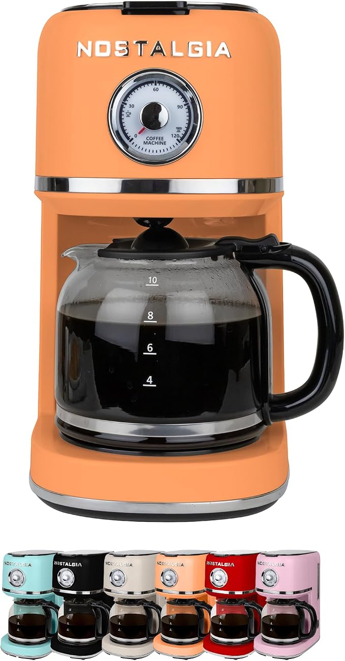 Nostalgia Classic Retro 10 Cup Coffee Maker - One-Touch Drip Brew, Reusable Filter - Anti-Drip, Auto Shutoff, & Time Display - Dishwasher Safe 50 oz Carafe - Orange