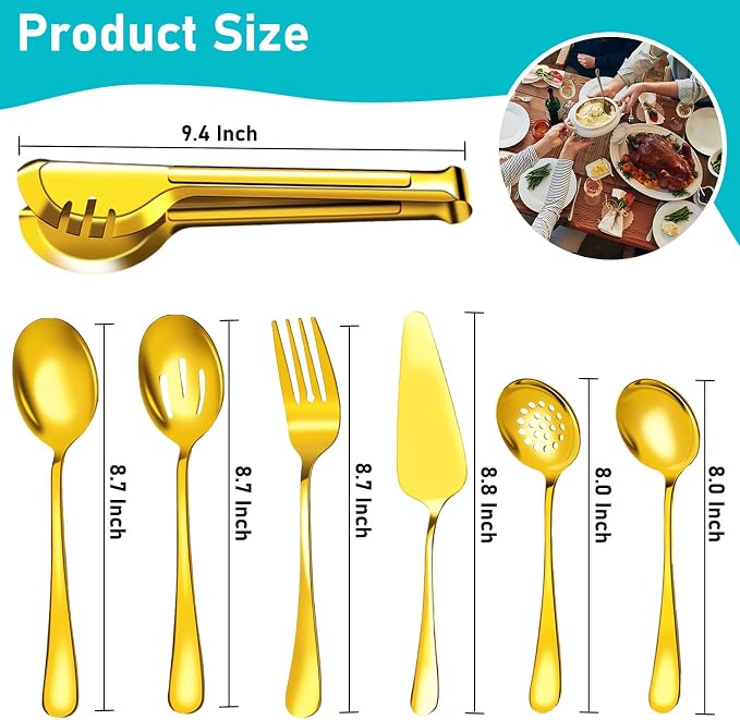Serving Utensils, 15 Pcs Stainless Steel Large Flatware Serving Tools Kit | Include Spoons, Forks, Tongs, Slotted Spoon, Ladle, Cake Server for Kitchen Catering Banquet Wedding Buffet Party, Gold