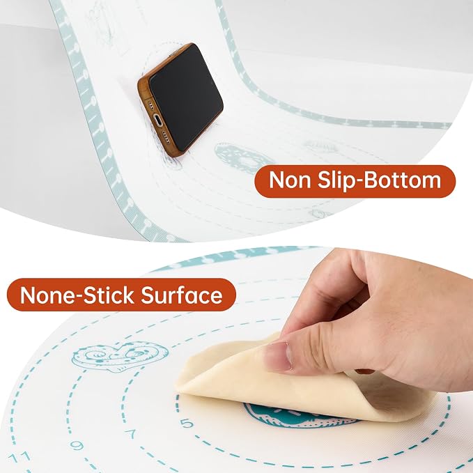 Non Stick Silicone Pastry Mat with 10 Quick Recipes ，Silicone Mat for Dough Rolling Baking Sheet for Cookies, Pizza,Bread, Surdough,Fondant Mat for Kitchen Counter, Extra Large and Oven Safe