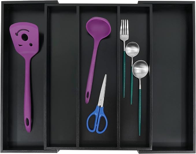 Utoplike Bamboo Drawer Organizer Kitchen Utensils, Silverware Tray Black | Adjustable Cutlery Holder Organiser, Expandable Drawer Divider for Flatware, Knives in Kitchen, Bedroom, Livingroom, 3-5 Slot
