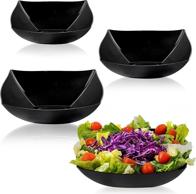 PLASTICPRO Disposable Square Serving Bowls, Party Snack or Salad Bowl, Plastic Black Pack of 4, 32 OUNCE, Black