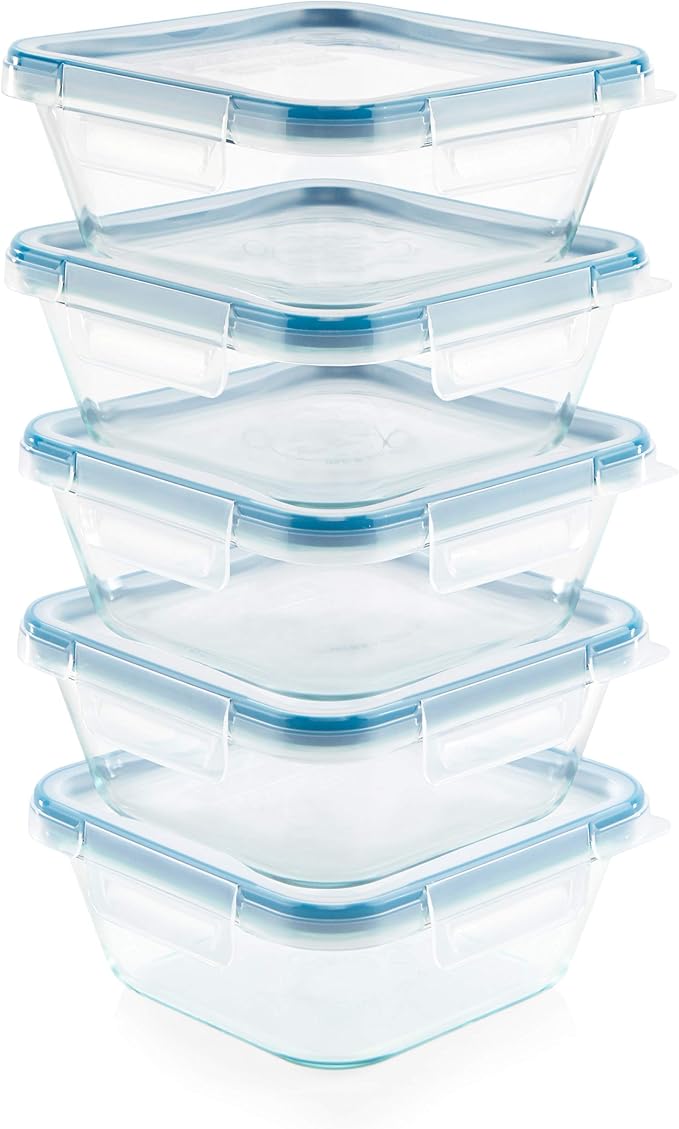 Snapware Glass Total Solutions (5-Pack, 4 Cup) Food Storage Containers Set | Airtight & leakproof plastic locking BPA-free lids, freezer, dishwasher, microwave safe
