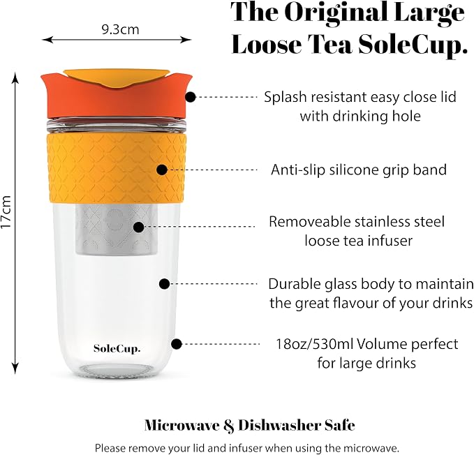 Large Travel Mug Loose Tea Infuser - Detachable Tea Strainer with Spill Proof Lid - 18oz/530ml BPA-Free Reusable Glass Travel Coffee Cup with Silicone Band (Red, 18oz)