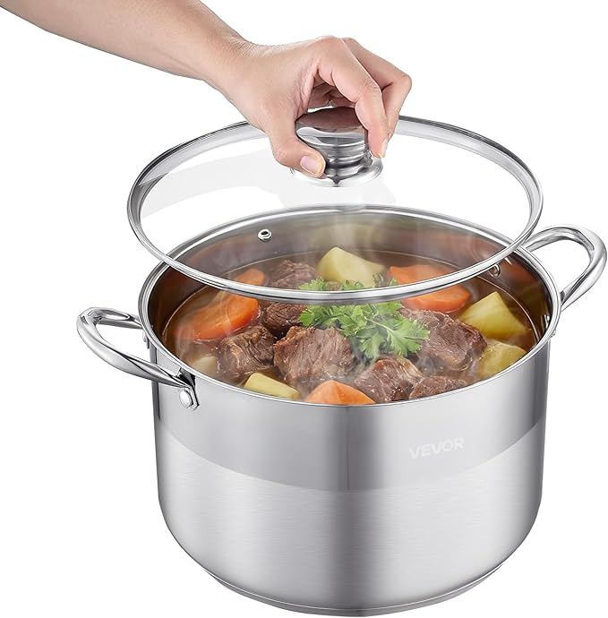 VEVOR Stainless Steel Stock Pot, 12QT Stainless Steel Stockpot with Glass Lid, PFOA-Free, PFAS-Free, Compatible with Gas Stoves, Induction Cooktops, Electric Stoves, for Soups, Stews, and Pasta
