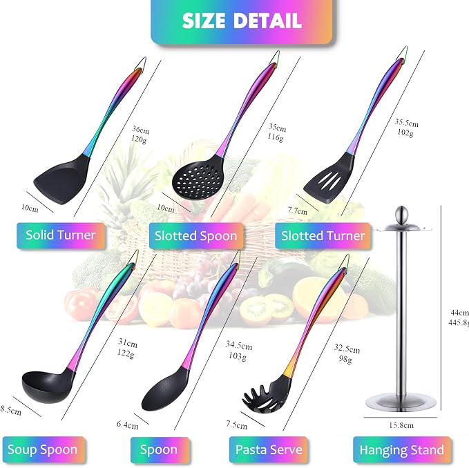 Silicone Cooking Utensils Set, 17pcs Kitchen Utensil Set with Rotatable Holder, Heat-Resistant Silicone Utensils for Cooking, Non-Stick Spatula Set with Stainless Steel Handle,Turner,Ladle (Rainbow)