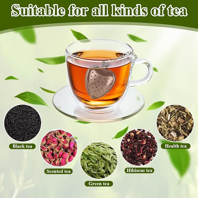 50 Pack Tea Strainer, Stainless Steel Tea Infuser, Heart Tea Ball for Loose Leaf Tea, Tea Interval Infuser, Tea Filters with Extended Chain Hook for Seasonings Cup Bottle