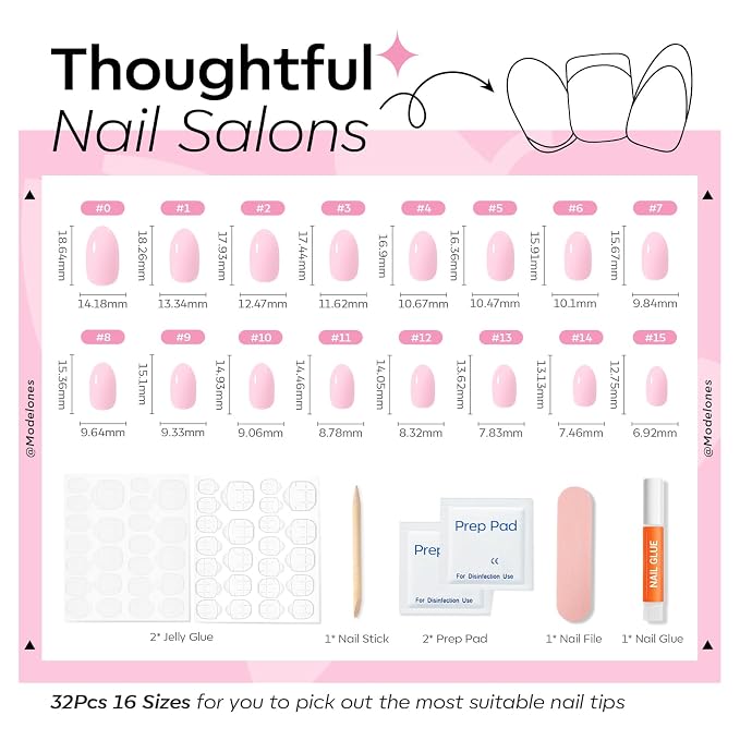 modelones Baby Pink Short Press on Nails, Oval Fake Nails Kit Press Ons | with Nail Glue, Adhesive Tabs, Nail File, Prep Pad, Manicure Stick, 32Pcs 16 Sizes, Summer Women Girl Gift