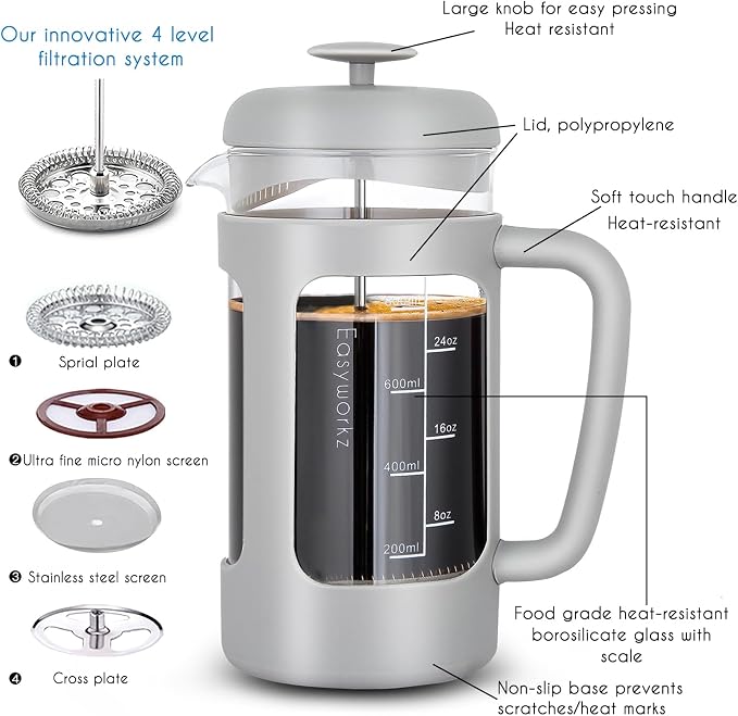 Easyworkz French Press 34 oz Coffee Tea Maker with Borosilicate Glass,Soft Grip Handle,Light Grey
