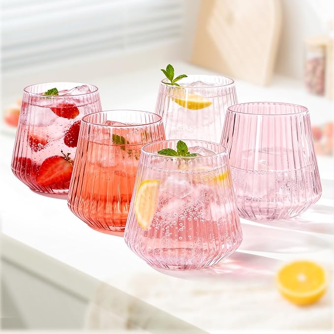 N9R 24PCS Pink Plastic Wine Glasses Disposable, 14 oz Cocktail & Spritz | Pink Clear Stemless Champagne/Whiskey/Drinking Cups, Fancy Origami Ripple, for Parties, Weddings, Pool and Bar