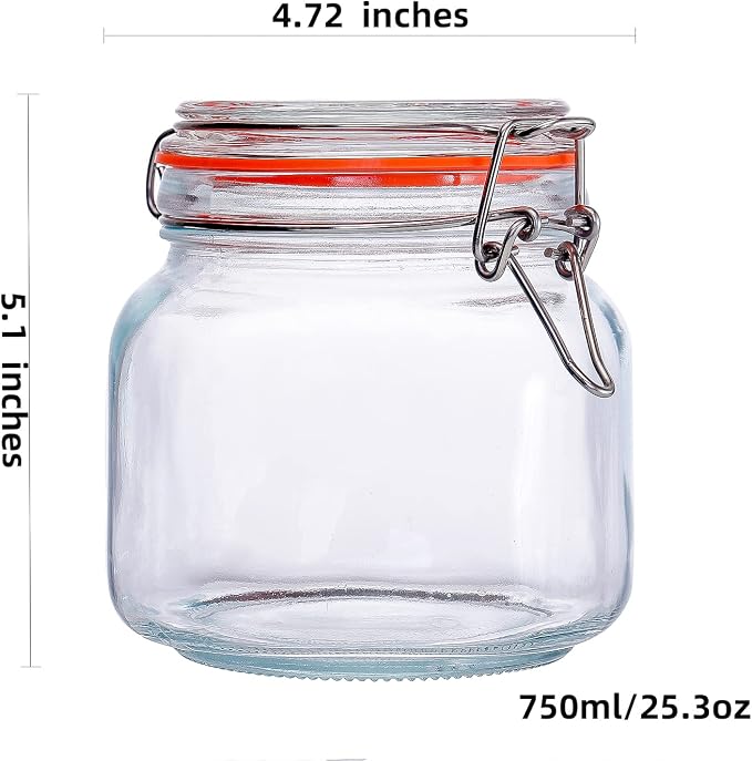 Hovico 25 oz Glass Jars With Airtight Lids And Leak Proof Rubber Gasket,Wide Mouth Mason Jars With Hinged Lids For Kitchen Canisters 750ml, Glass Storage Containers