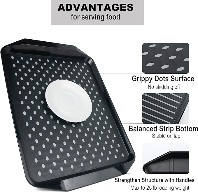 KAQAHIDO Large Non Slip Serving Tray with Grippy Dots, TV Lap Trays for Eating on Couch, Meal Serve for Dinner Breakfast, Rectangular Food Carrying for Plates, Glasses, Dishes, Set of 2, Black
