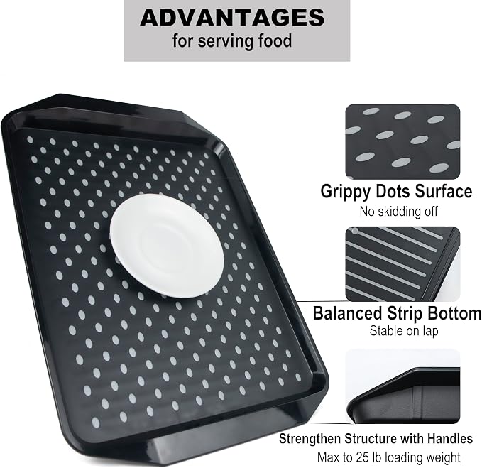 Large Non Slip Serving Tray with Grippy Dots, Black and White, Set of 2 | TV Lap Trays for Eating on Couch, Meal Serve for Dinner Breakfast, Rectangular Food Carrying for Plates, Glasses, Dishes