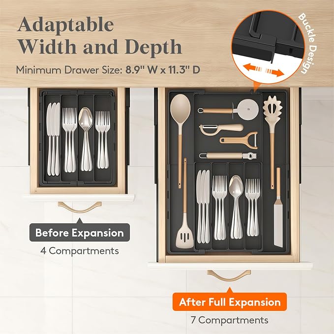 Lifewit Silverware Drawer Organizer, Expandable Utensil Tray for Kitchen | BPA Free Adjustable Flatware and Cutlery Holder, Plastic Storage for Spoons Forks Knives, 8.9-14.2 x 11.3-19.4 x 1.7, Black
