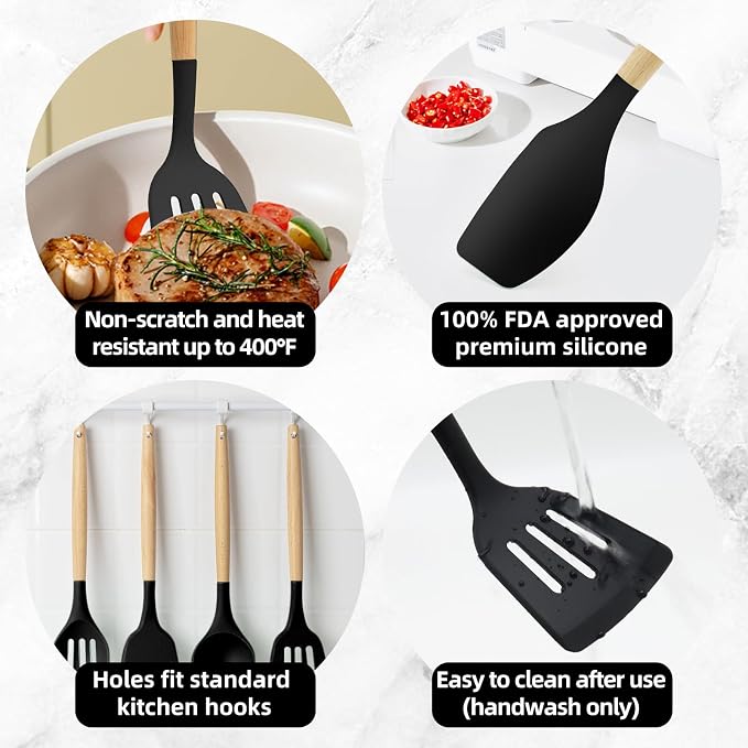 12-Piece Silicone Kitchen Utensils Set with Wooden Handle, Non-Stick & Heat Resistant Cooking Utensils (446°F), Includes Spatula, Spoon, Turner, Tongs, Whisk, Great for Home Cooks-Black