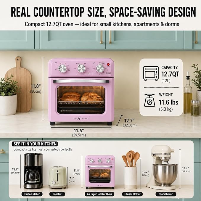 VAL CUCINA 6-in-1 Retro Air Fryer Toaster Oven Combo, Compact 12.7 QT Small Countertop Convection Oven, Fits 9" Pizza & 4 Toast, Hexagon Hybrid Heating, Enamel Baking Pan Included, Pink Color