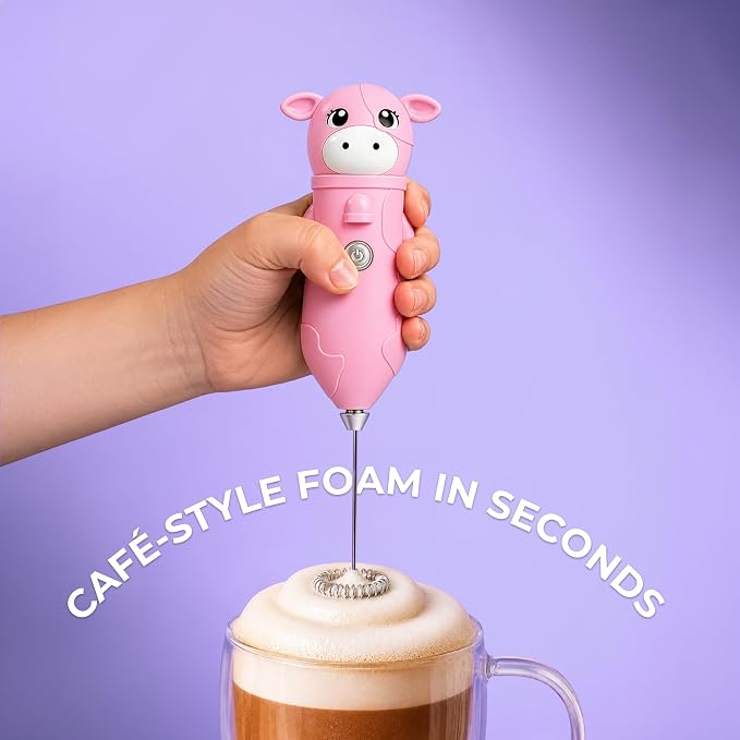 Zulay Kitchen Cow Milk Frother Wand – Cutesy Frother, Meet Your New Frothing Buddy Bubblegum The Cow, Adoption Papers and Stickers Included, Purrr-fect for Lattes, Cappuccino & Matcha – Pink