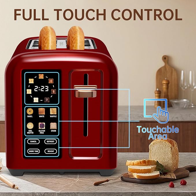 SEEDEEM Touchscreen Toaster 2 Slice, 7 Shade, Stainless, 1350W Dark Cherry