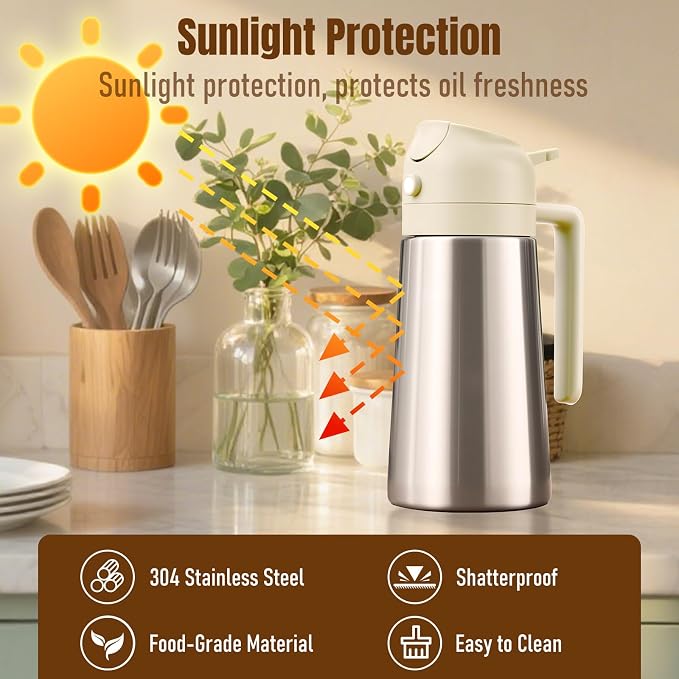 PARACITY Stainless Steel Oil Dispenser Bottle, 2-in-1 Sprayer, 16 oz, White | Ceramic interior supports fine mist or smooth pouring; drip-control spout suits cooking, BBQ, air fryer, salads, and baking.
