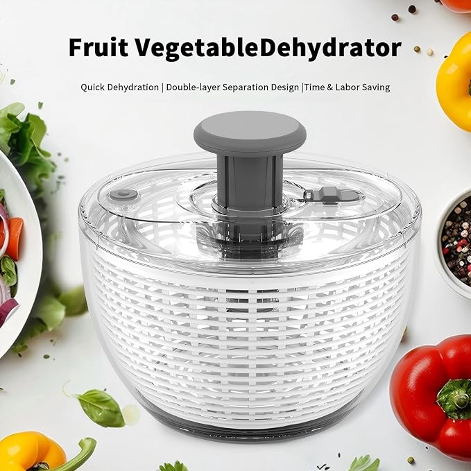 quick press salad spinner and vegetable washer tool for lettuce spinner capacity Fruit Washing Bowl with fruit washing bowl with strainer dehydrator kitchen appliances (Large - 6.34 qt)