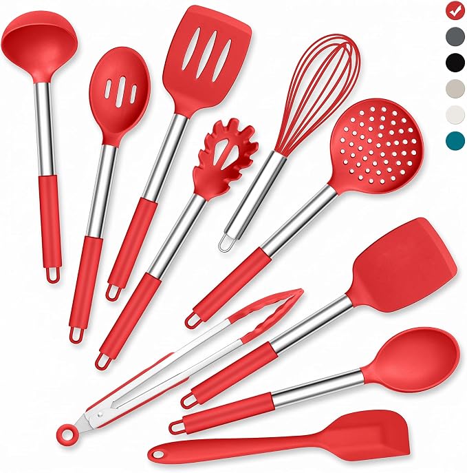 Onader 10 Pieces Silicone Kitchen Utensils Set, Cooking Utensils with Holder and Heat Resistant Stainless Steel Handle for Nonstick Cookware -Red