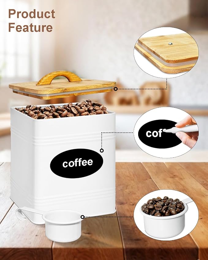 Kitchen Canister Set of 3 - Large 7 Qt Flour and Sugar Containers Airtight - White Metal Food Storage Jars with Bamboo Lids, Iron Spoon & Erasable Magnetic Labels, Farmhouse Decor for Pantry