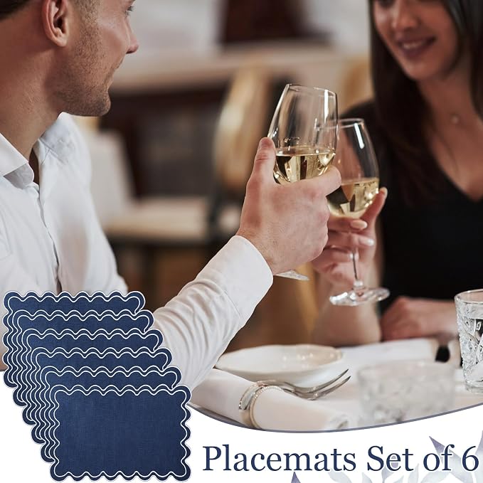 HunnmingRe Navy Blue with White Set of 6 Cotton Linen Wedding Placemats, 13x19 Inch Scalloped Wavy Embroidery Placemat Double Layered Washable Rustic Rectangle Dinner Table Mat for Home Decor