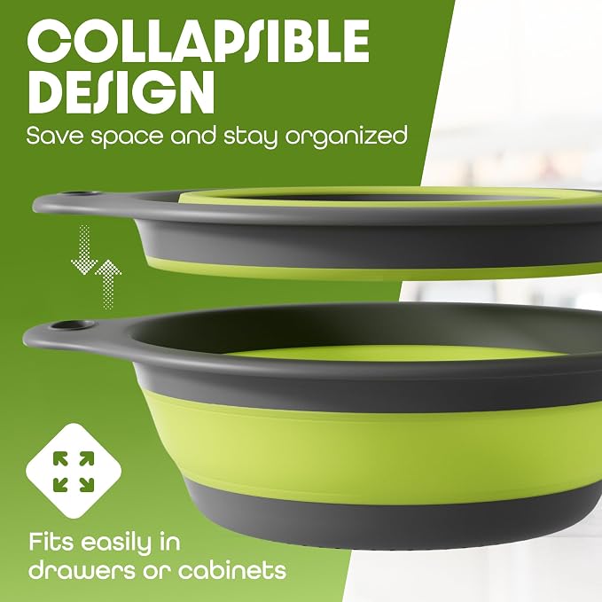 Large Collapsible Colander with Self Draining Base - 5Qt Side Drain Food Strainer for Edge of Kitchen Sink (Patent Pending) Green (2 Piece Set)