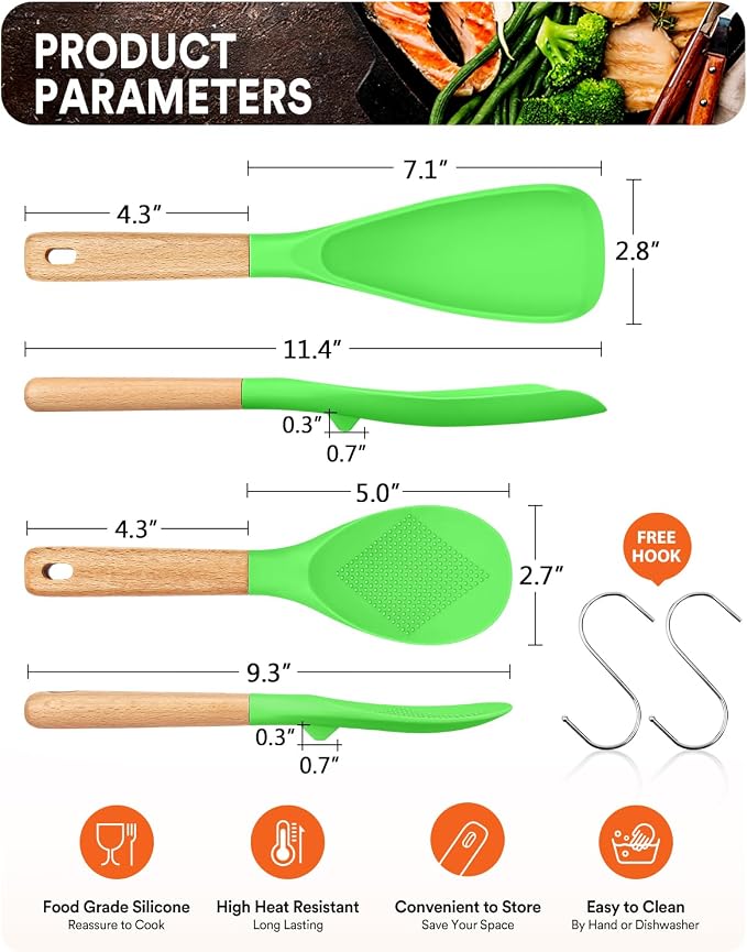 Cooking Spoon and Rice Scooper for Nonstick Cookware,Multi-function | Great for Cooking and Serving, Sturdy BPA-Free Matte Silicone, Wood Handle Spoon for Mixing, Scoop, and Scrape,9.3"+14.3"