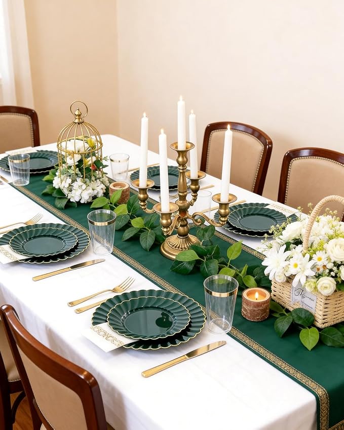 YOUBET 175PCS Green Scalloped Plastic Plates for Party Wedding | Green and Gold Disposable Dinnerware Set Include 50 Plates, 75 Gold Silverware, 25 Cups, 25 Napkins