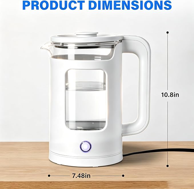 1.8L Glass Electric Kettle for Tea and Coffee, White | 1000W Rapid Boil Hot Water Kettle, Auto Shut-Off, 360°Swivel Base, Easy Cleaning, BPA Free