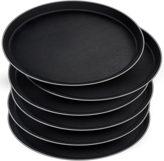 Mwellewm 6 Pcs Round Serving Tray, 11 Inch Non Slip Surface Round Tray Black Server Tray Plastic Food Meals Server with Raised Edges for Home, Kitchen, Restaurant, Cafeteria, Bar, Hotel
