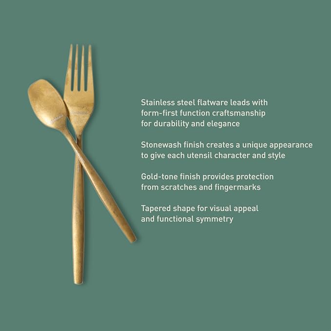 Two Time Oprah's Favorite Things Winner - 20 Piece Stone Washed Gold Flatware 18/10 Stainless Steel Silverware Cutlery Utensil Set With Acacia Wood Caddy - Service for 4